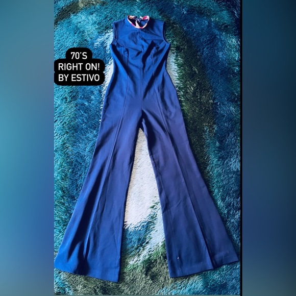 Pants - Right on! By Estivo navy blue jumpsuit true vintage 70s